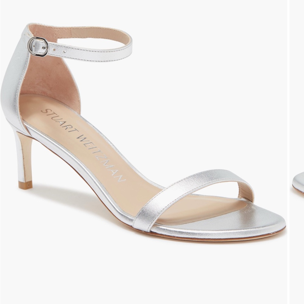 Stuart Weitzman naked straight strappy metallic sandal heels silver 9.5